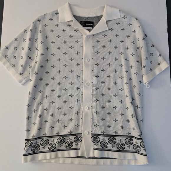 Original Use short sleeve button up sweater polo - white with starburst print - Picture 1 of 4